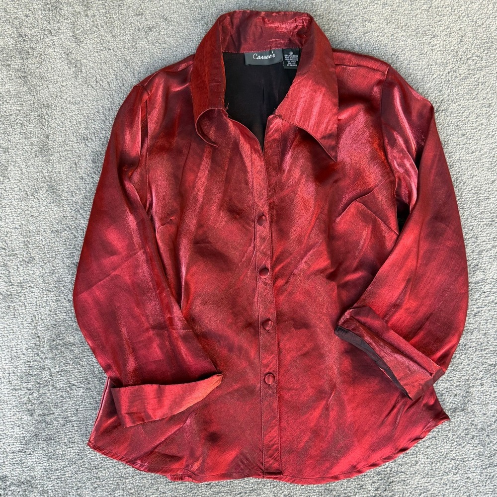 Cassee's Red Shimmer Button Down Blouse Metallic‎ Sheen Collared Top XL